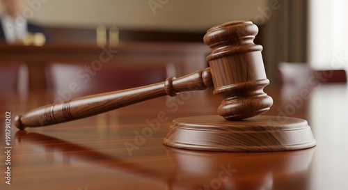 A wooden gavel rests on a polished wooden table in a courtroom setting viewed from the side