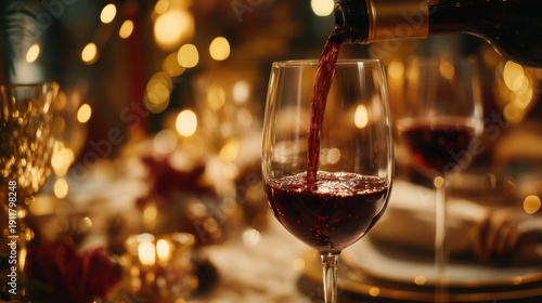 A beautifully lit scene of red wine being poured into a glass, highlighting warmth and celebration.