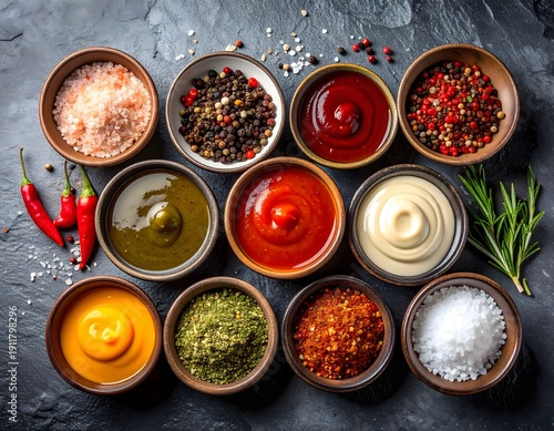 Top view of various sauces, spices, and condiments in small bowls on dark stone background