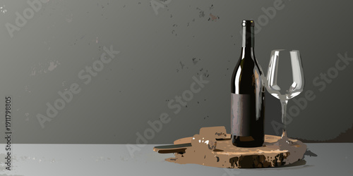 Still life featuring a dark wine bottle and a clear glass on wood