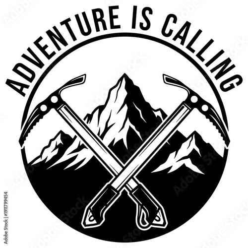 Adventure is calling: emblem of ice axes and mountains for outdoor enthusiasts