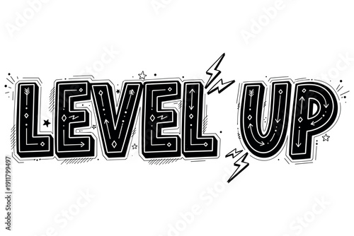 Bold black and white 'level up' typography with dynamic elements