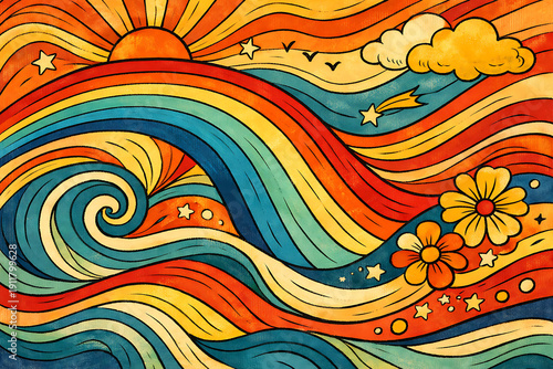 Psychedelic wavy lines and shapes in vibrant retro colors, evoking a groovy 1960s and 70s vibe with sun, clouds, and flowers.