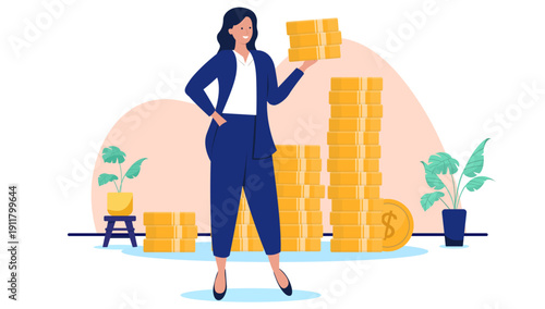 Successful businesswoman in a blue suit standing next to stacks of gold coins and holding money representing financial wealth and profit growth, flat design vector illustration