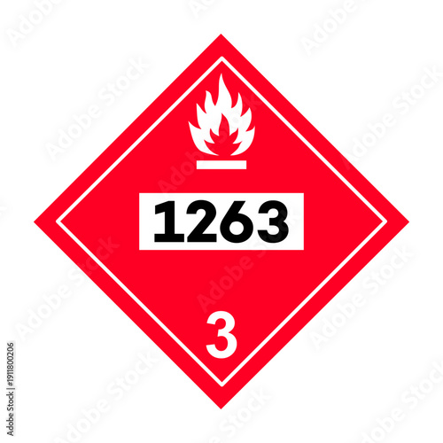 UN 1263 Flammable Liquid Class 3 Placard. Paint Hazardous Material Transportation Safety Sign.