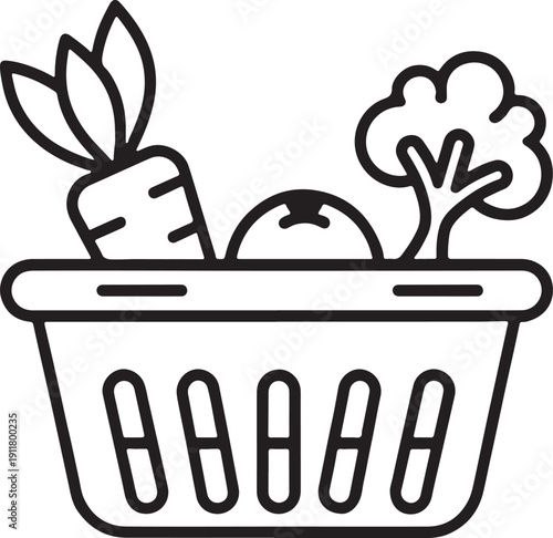 Grocery Basket Icon Vector Illustration – Fresh Vegetables Shopping Line Art