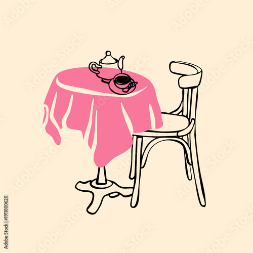 Cafe, Restaurant table, chair. Table with tablecloth, teapot, cup. Romantic date, lunch, dinner, breakfast concept. Hand drawn Vector illustration. Isolated design element. Poster, logo, card template
