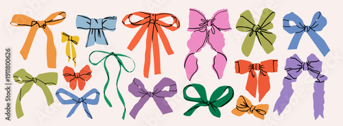 Big set of various Bow knots, tie ups, gift bows, ribbons. Hand drawn Vector illustration. Isolated colorful design elements. Wedding celebration, holiday, party decoration, gift, present concept