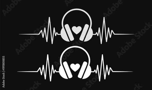 Minimalist Headphones Icon with Heartbeat Pulse and Love Symbol Silhouettes for Podcast Branding and Health Audio Design