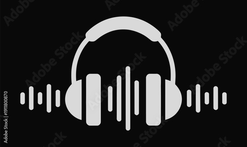 Minimalist Headphones Icon with Audio Sound Wave Silhouette in Bold White for Podcast Branding and Music Production Interface Design