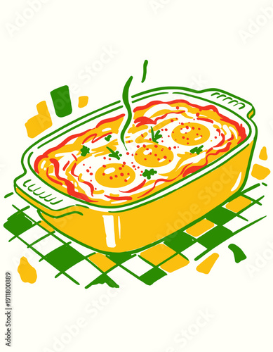 Baked eggs casserole dish illustration, shakshuka, breakfast brunch, pop art retro food drawing, hot meal vector graphic, oven dish, kitchen art