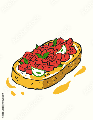 Bruschetta illustration, Italian food drawing, tomato and basil appetizer, vintage doodle toast, hand-drawn snack, classic antipasto art, gourmet bread starter, olive oil drip