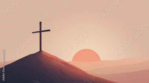 Easter Cross silhouette at colorful sunrise over peaceful hills. Resurrection of Jesus and holy week concept.