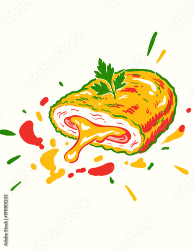 Deep-fried meat roll illustration, melted cheese dripping, cordon bleu, chicken kiev, retro food drawing, comfort food sketch, parsley garnish, appetizer menu graphic