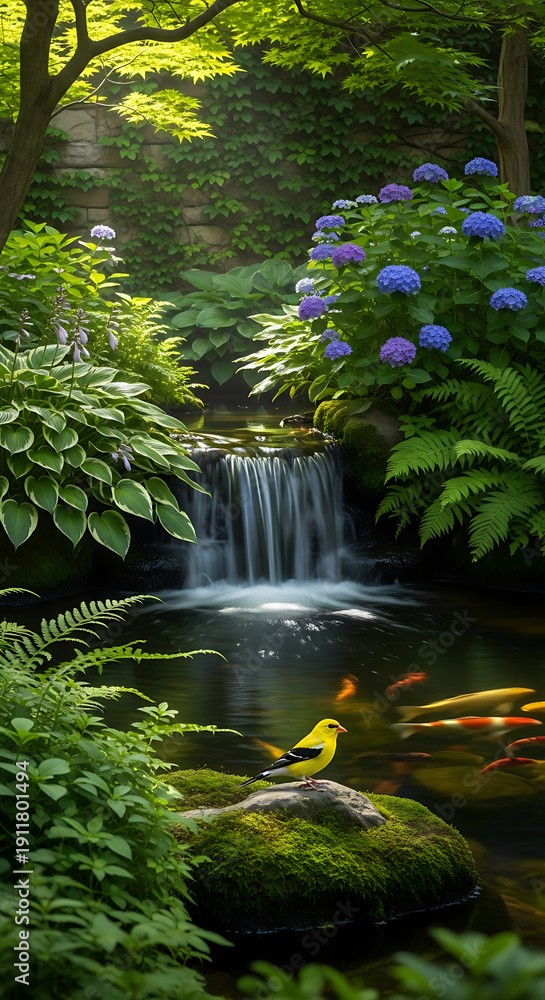 Fototapeta premium Small yellow bird perched by a tranquil waterfall in a lush green forest.