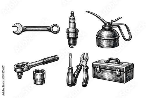 Auto mechanic tools engraving. Hand drawn vintage car repair service sketch illustration.