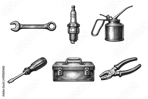 Auto mechanic tools engraving. Hand drawn vintage car repair service sketch illustration.