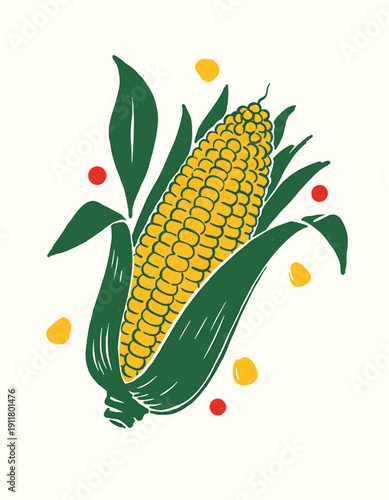 Vintage corn illustration, maize food art, graphic ear of corn, harvest vegetable, agriculture design, summer harvest, kitchen print, farm fresh produce, kernels, husk, linocut style