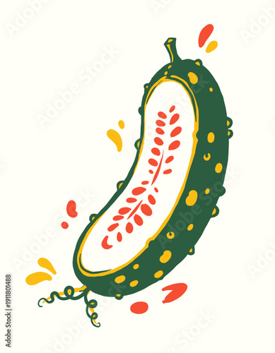 Cucumber illustration vintage retro pop art, sliced vegetable food, healthy eating garden design, bold graphic print, pickle ingredient, seeds, green yellow red