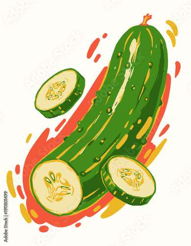 Vibrant cucumber illustration, whole vegetable, sliced rounds, fresh healthy food, green produce, sketch art style, modern graphic, detox, organic, pop art design