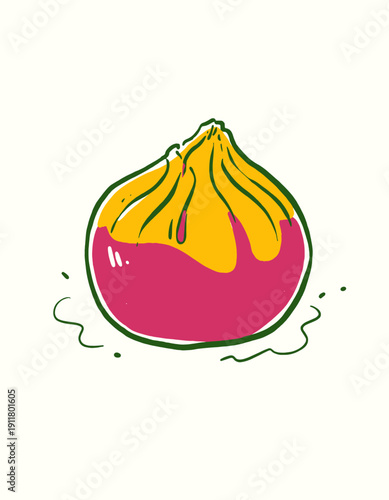 Dumpling icon illustration, Asian food sticker art, colorful street food drawing, dim sum bao bun poster design, cartoon graphic, pink yellow green colors