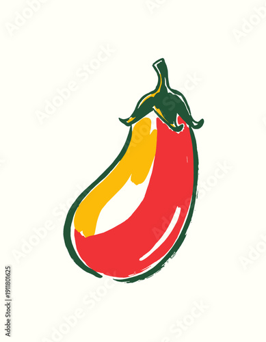 Expressive eggplant illustration, abstract brush stroke style, vegetable logo design element, red, yellow, green colors, food art, organic graphic icon, healthy cooking ingredient, grunge texture