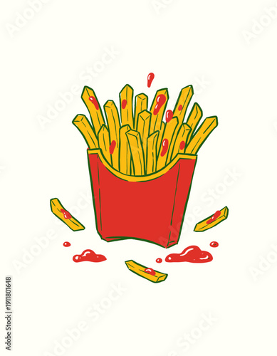 French fries ketchup doodle, fast food vector art, vintage snack illustration, retro fried potato, yellow fries red box drawing, hand drawn junk food logo, potato chips graphic