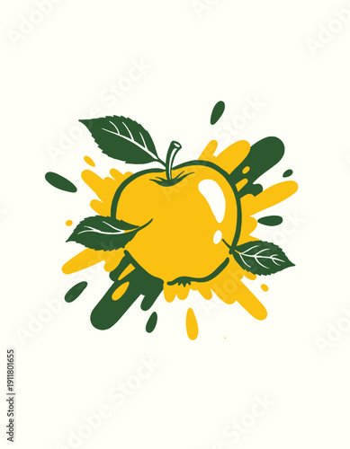 Yellow apple splash illustration, fresh fruit juice liquid abstract graphic design, healthy food, organic produce vector, modern retro style art, vibrant colors