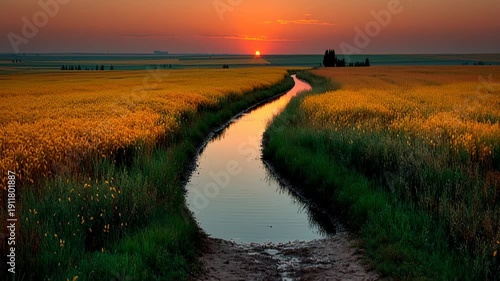 A picturesque view of a vibrant sunset illuminating golden wheat fields, traversed by a winding stream. the scene tranquil beauty of nature with warm hues and a serene rural landscape, offering a mome