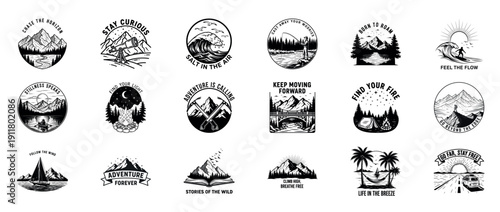 Vintage adventure badges collection: mountains, waves, and wilderness exploration