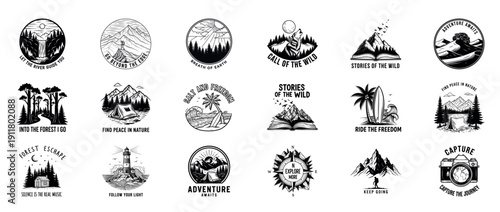 Adventure and nature-themed badges illustrating wilderness exploration and outdoor freedom