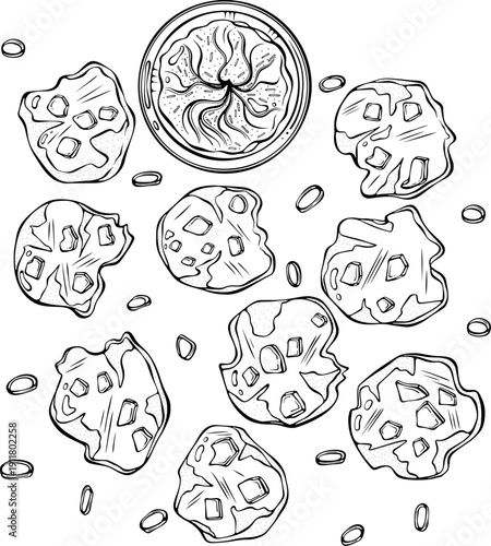 Smashed potatoes with feta, sauce, green onion, top view. Trendy Mediterranean dish, popular in home cooking and food blog. Vector illustration in hand drawn sketch style. Line art isolated on white