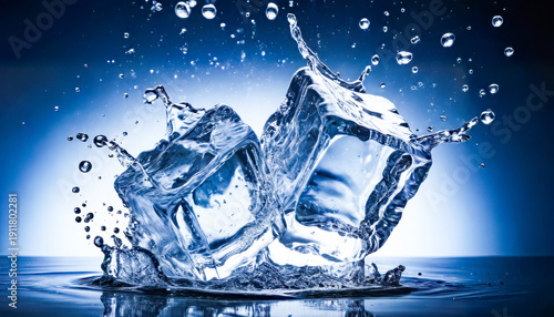 clear ice cubes splashing into water with crisp blue tones and refreshing cool feeling captured in high speed photography style symbolizing purity freshness cold drink concept and clean minimal backgr