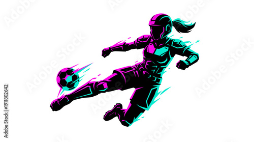 Dynamic vector illustration of a female soccer player kicking a ball with vibrant magenta and cyan neon light trails, isolated on a transparent background.