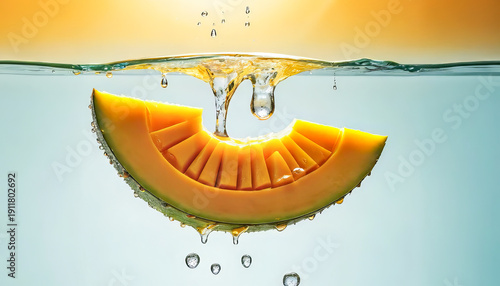 fresh melon slice falling into water with splash and bubbles creating refreshing summer fruit concept clean minimal composition bright colors healthy food photography and dynamic motion moment capture