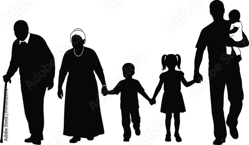 Family generation silhouettes set, grandparents parents and children holding hands, black vector illustration isolated collection