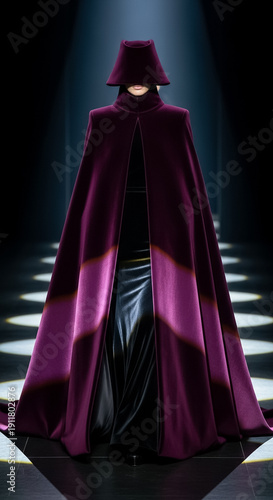 Mysterious Elegance: Woman in Dramatic Purple Velvet Cape and Concealing Hat