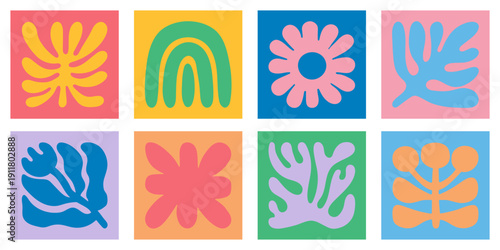 Bright abstract floral tile set with geometric plant shapes in square layout. Trendy flat vector collection for poster, branding, textile and contemporary decor design.