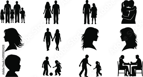 Family silhouettes collection, parents children couples profiles and daily life scenes black vector illustration isolated on white background