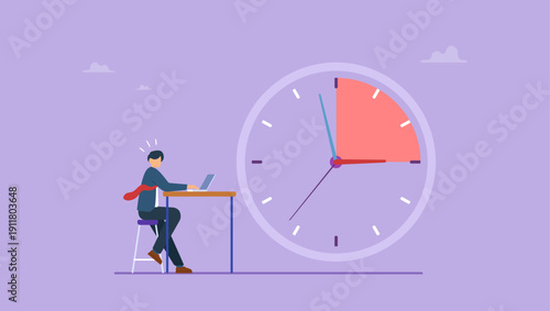 Business person, worker or manager employee trying to get job done in due time, overwork. Business deadline overtime crunch stress concept, flat vector illustration.