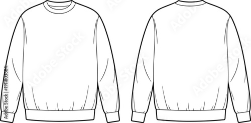 Basic Crew Neck Sweatshirt Flat Sketch, Front and Back CAD Drawing, Vector Apparel Template, Fashion Design Technical Illustration