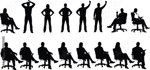 Collection of business people silhouettes sitting and standing in office chairs, corporate professionals and executives isolated on white background for workplace and leadership concepts