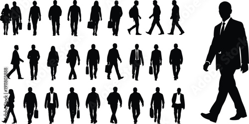 Collection of Business People Silhouettes Walking in Corporate Attire Isolated on White Background, Professional Men and Women Office Workers Set for Commercial Design Use
