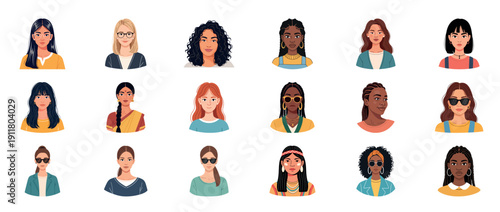 Diverse portraits of women: various races and styles illustrated