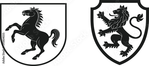 Heraldic shield vector illustration set featuring lion and horse, showing power, nobility and kingdom emblem