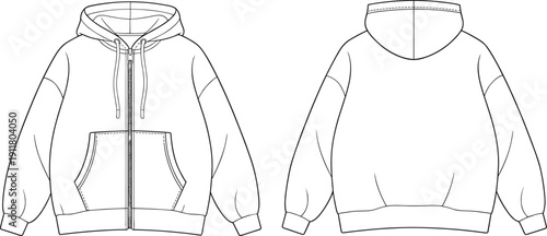 Basic Zip-Up Hoodie Flat Sketch, Front and Back CAD Drawing, Fashion Design Template, Vector Illustration for Apparel Design Use