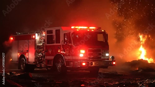 Fire truck with flashing emergency lights at night amidst smoke and flying sparks from a blazing fire.