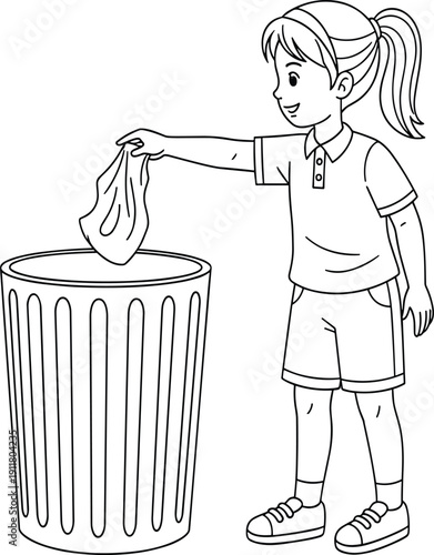 Black and white line drawing of young girl disposing waste in trash can, promoting cleanliness, environmental responsibility, and proper waste management illustration