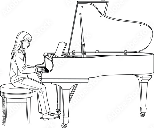 Black and white line drawing of pianist playing grand piano, detailed musical instrument illustration perfect for educational, artistic, and decorative projects