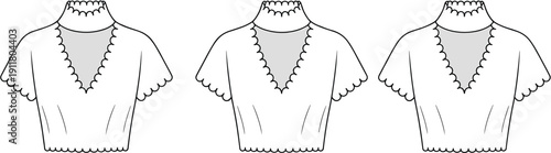 Blouse CAD drawing, flat vector fashion illustration with scalloped edges, V-cutout front panels, high neckline, short sleeves, gray accents